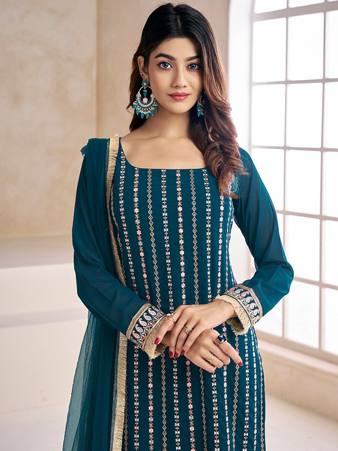 Teal Blue embroidered kurta with palazzos with dupatta