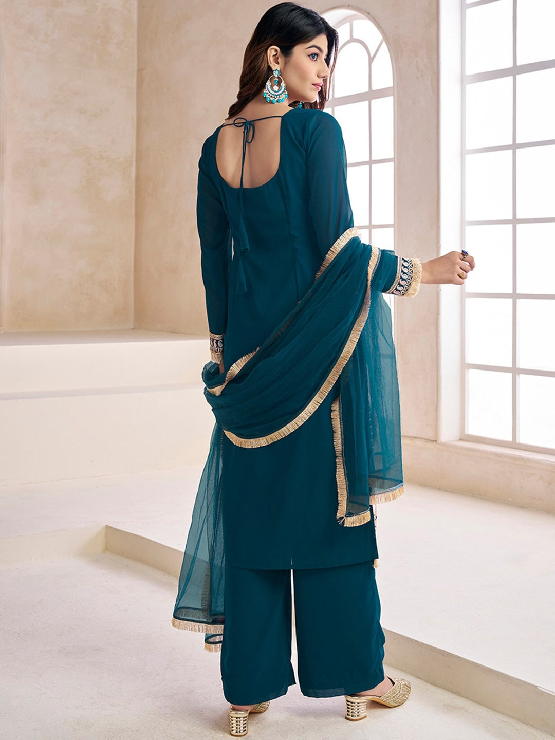 Teal Blue embroidered kurta with palazzos with dupatta