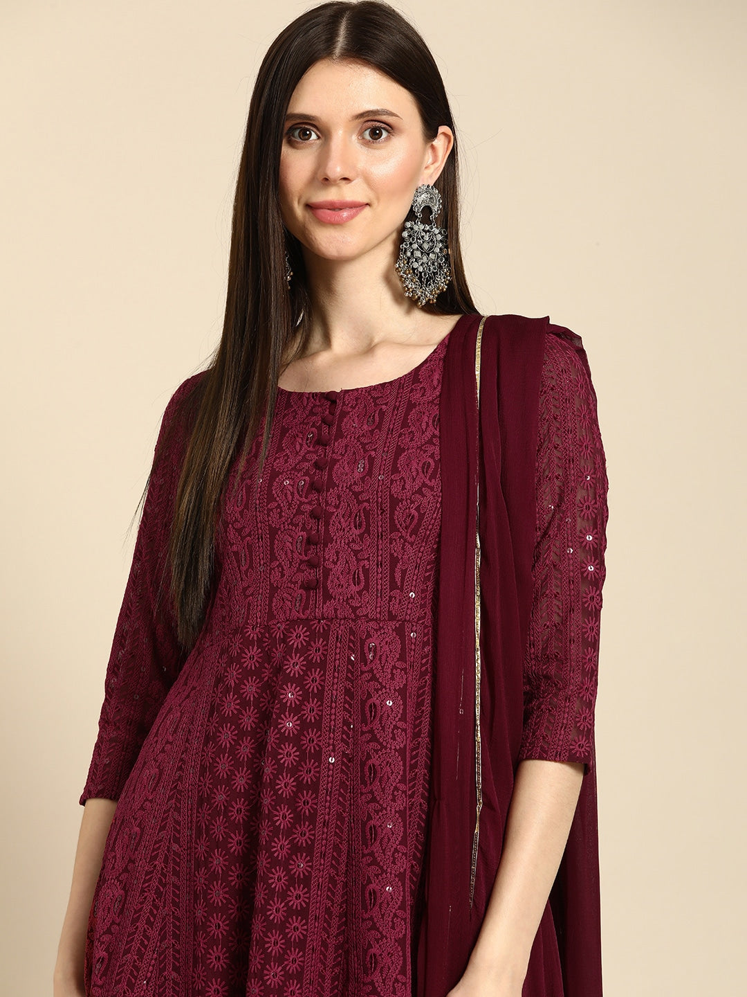 Women Maroon Ethnic Motifs Embroidered Chikankari Kurta with Palazzos & With Dupatta