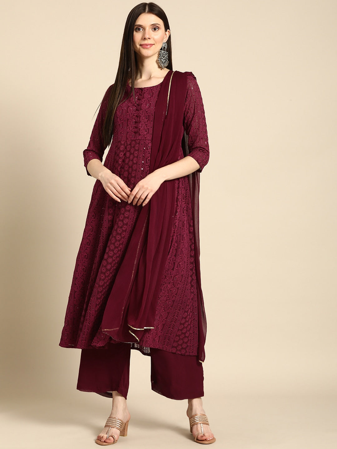 Women Maroon Ethnic Motifs Embroidered Chikankari Kurta with Palazzos & With Dupatta