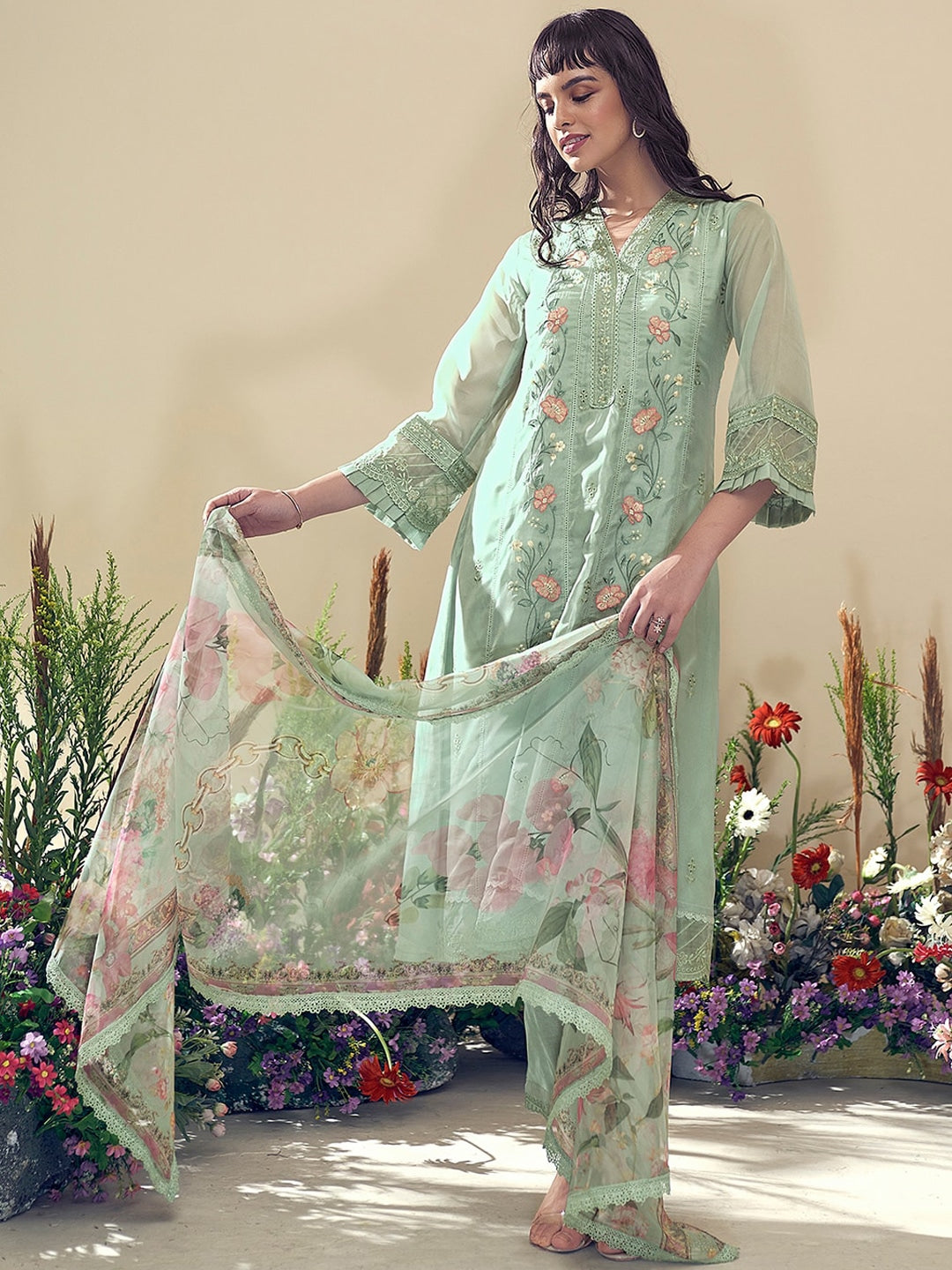 Sea green and pink embroidered kurta with trousers with dupatta