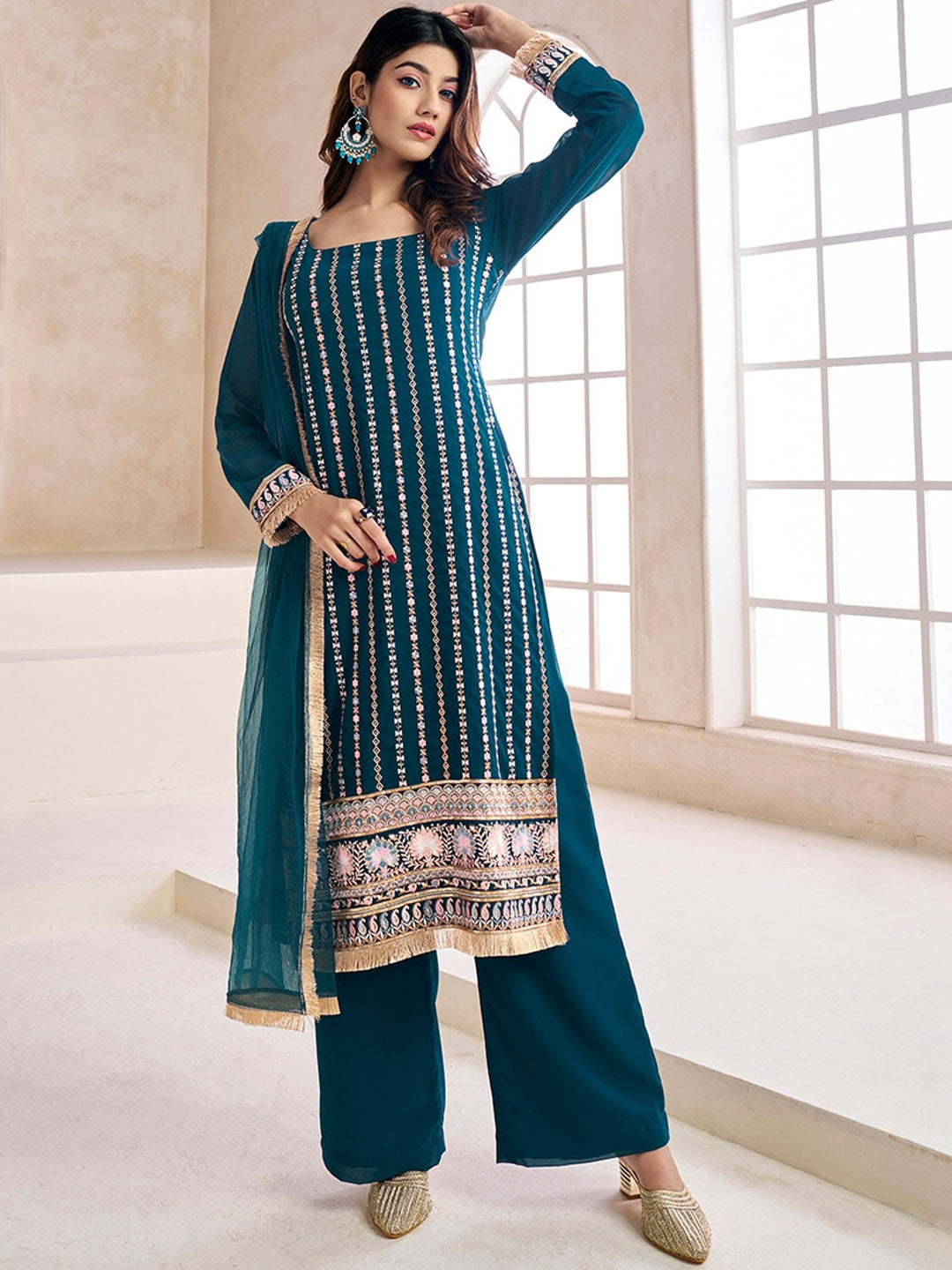 Teal Blue embroidered kurta with palazzos with dupatta