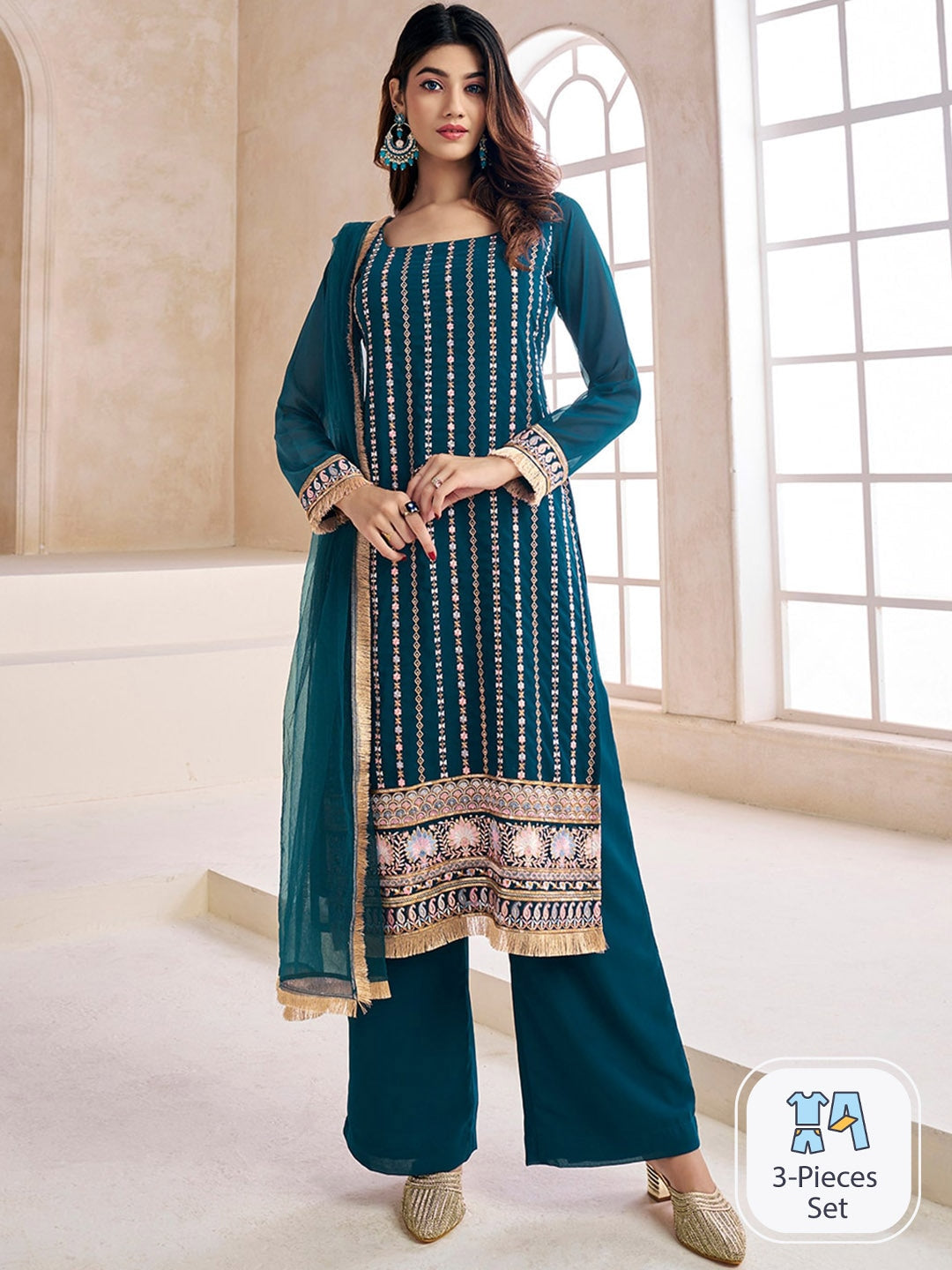 Teal Blue embroidered kurta with palazzos with dupatta