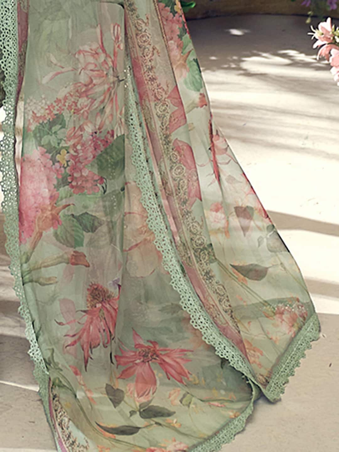 Sea green and pink embroidered kurta with trousers with dupatta