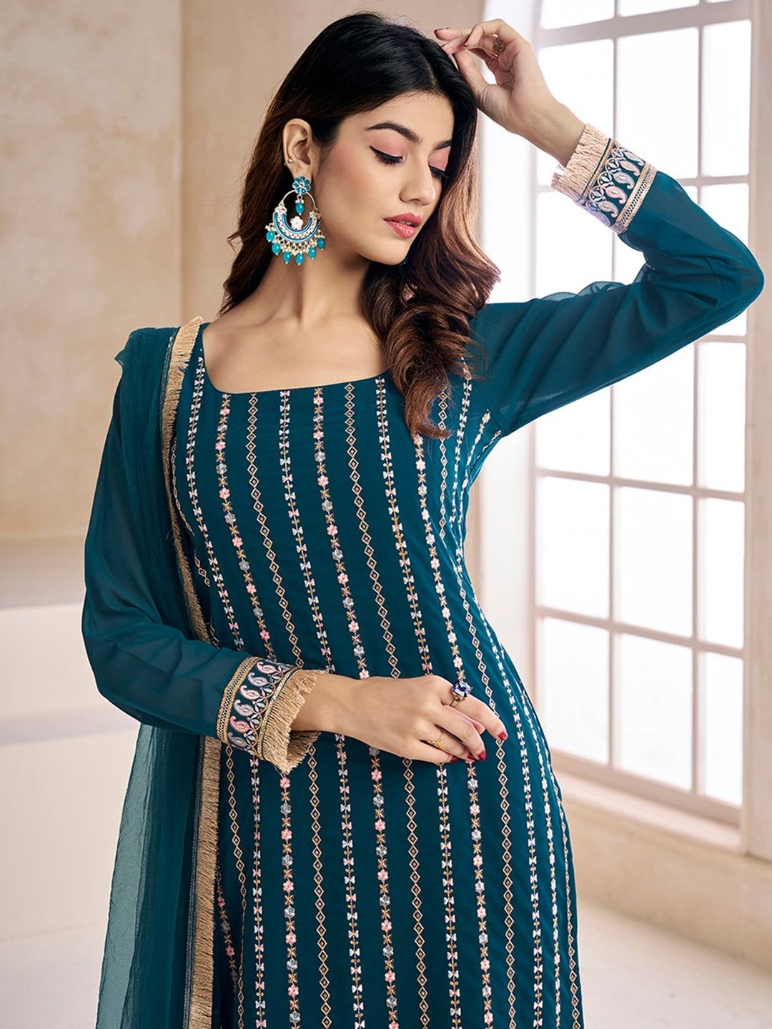 Teal Blue embroidered kurta with palazzos with dupatta