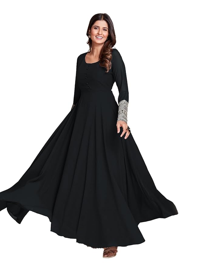 Plan Black Anarkali Long Churidar Embraided Sleeve Kurta With Dupatta Set