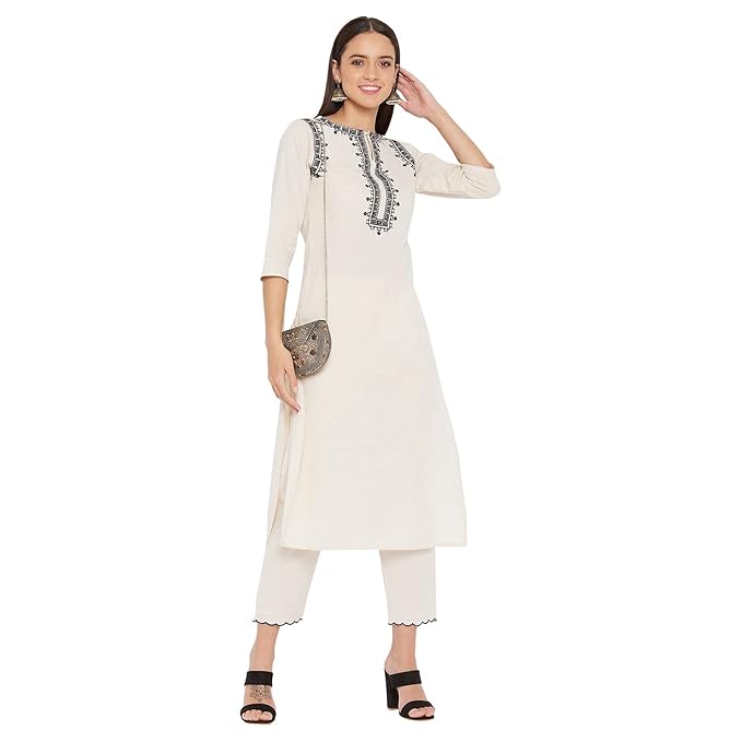 Women Off White cotton Embroidered Kurta and Pant Set