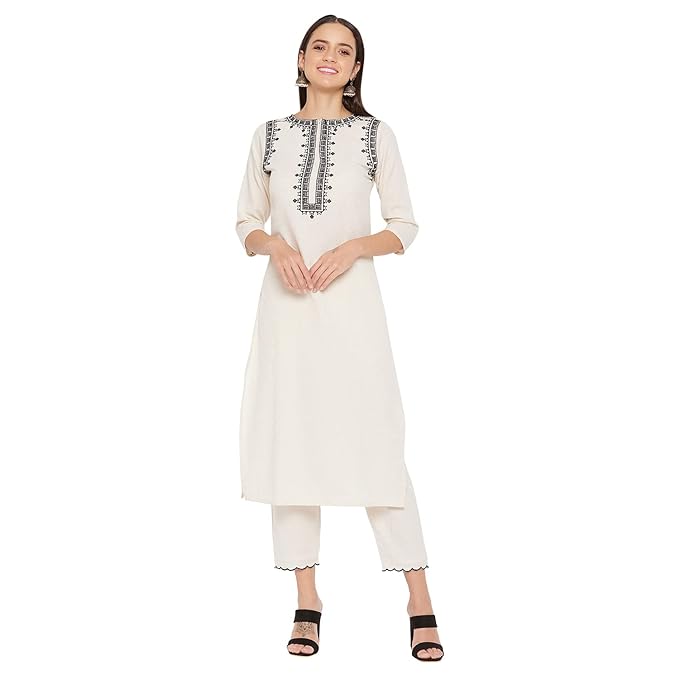 Women Off White cotton Embroidered Kurta and Pant Set