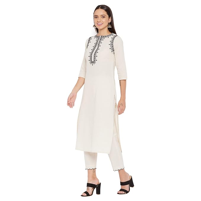 Women Off White cotton Embroidered Kurta and Pant Set