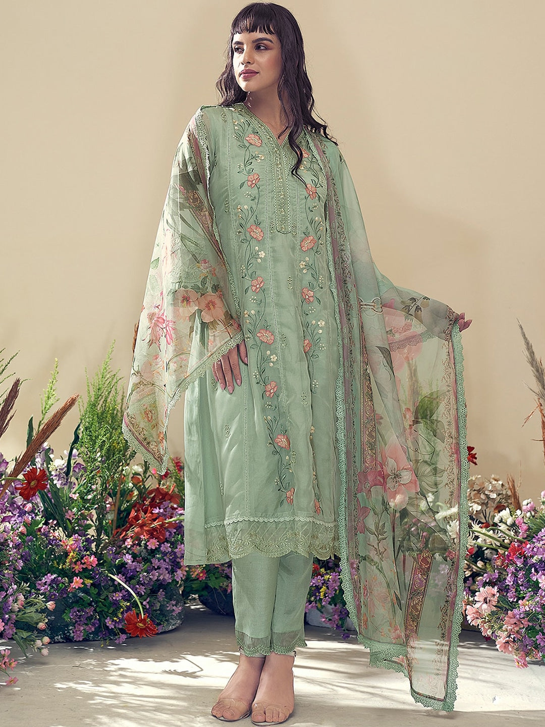 Sea green and pink embroidered kurta with trousers with dupatta