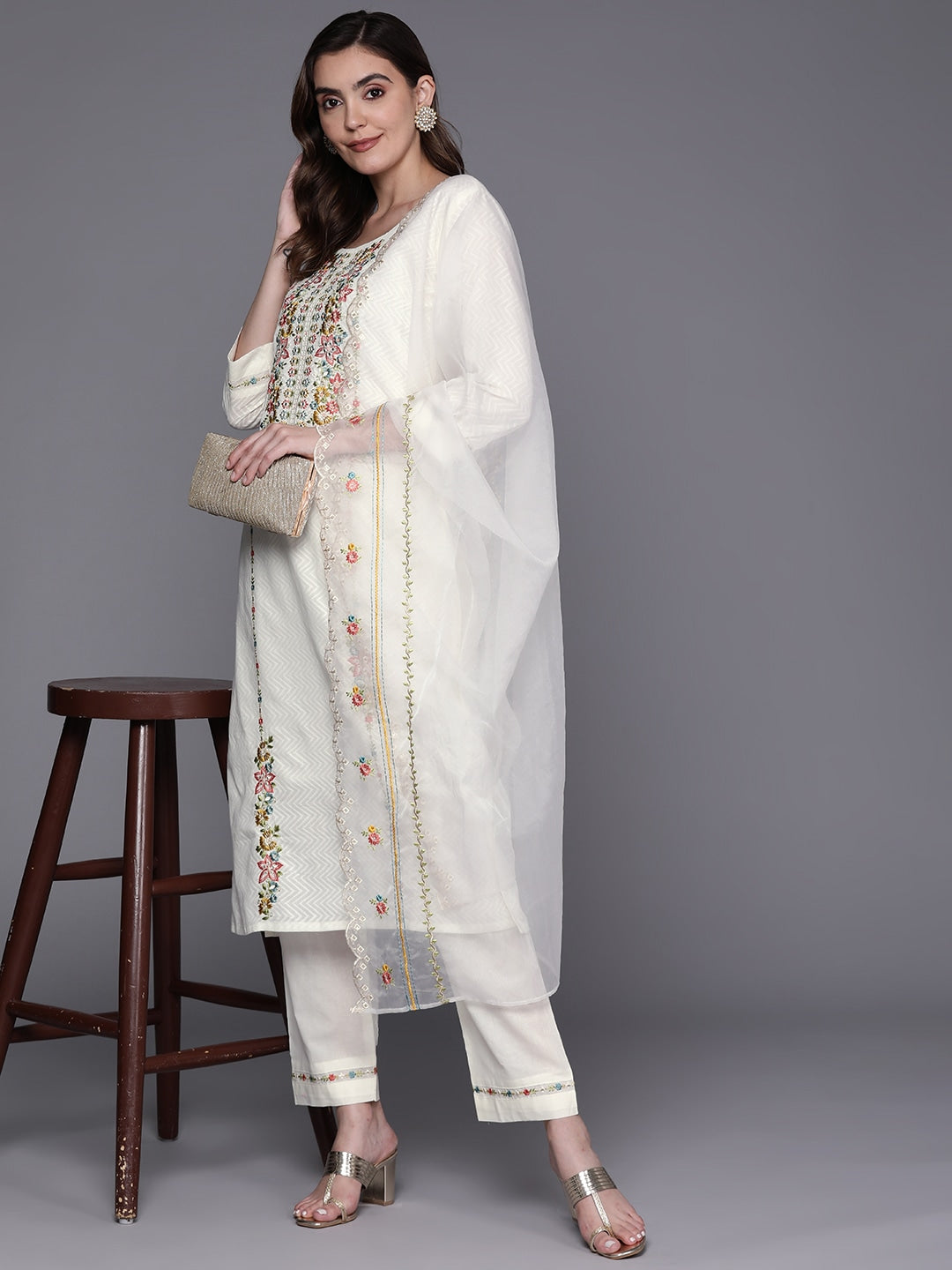 White embroidered Kurta with Trousers with dupatta