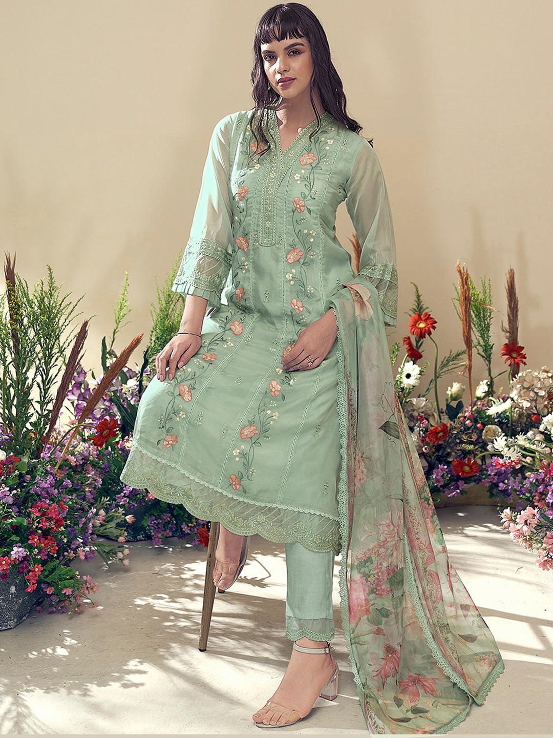 Sea green and pink embroidered kurta with trousers with dupatta