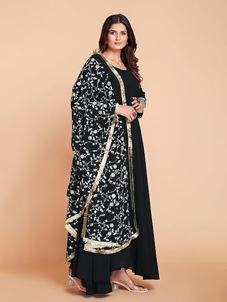 Plan Black Anarkali Long Churidar Embraided Sleeve Kurta With Dupatta Set