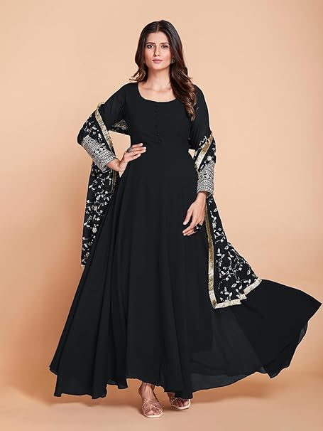 Plan Black Anarkali Long Churidar Embraided Sleeve Kurta With Dupatta Set