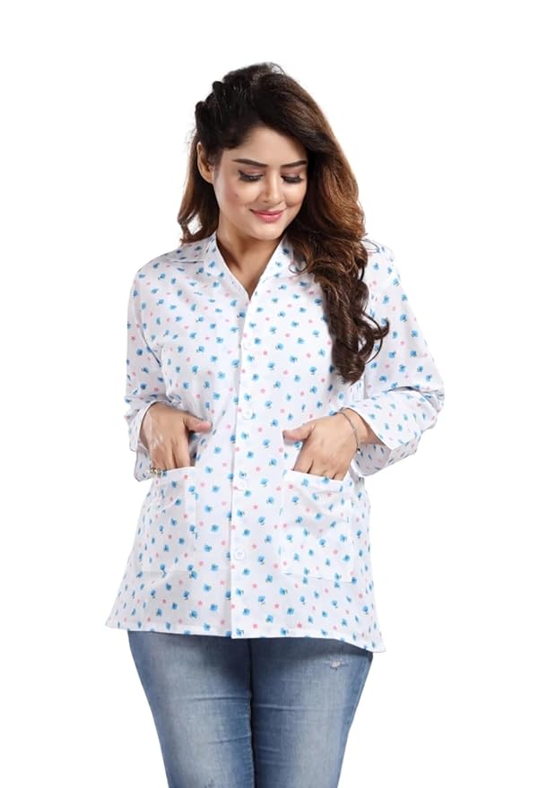 Women's Cotton Printed Summer Coat with 2 Front Side Pockets for Sun Protection & Dust Pollution