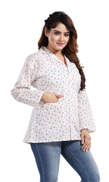 Women's Cotton Printed Summer Coat with 2 Front Side Pockets for Sun Protection & Dust Pollution