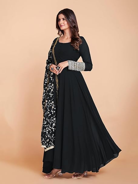 Plan Black Anarkali Long Churidar Embraided Sleeve Kurta With Dupatta Set