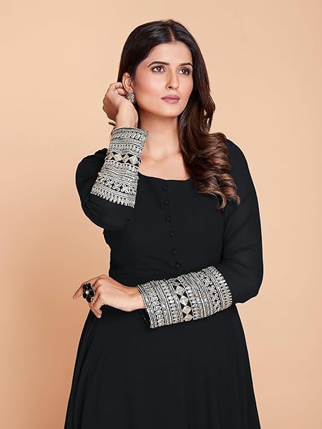 Plan Black Anarkali Long Churidar Embraided Sleeve Kurta With Dupatta Set