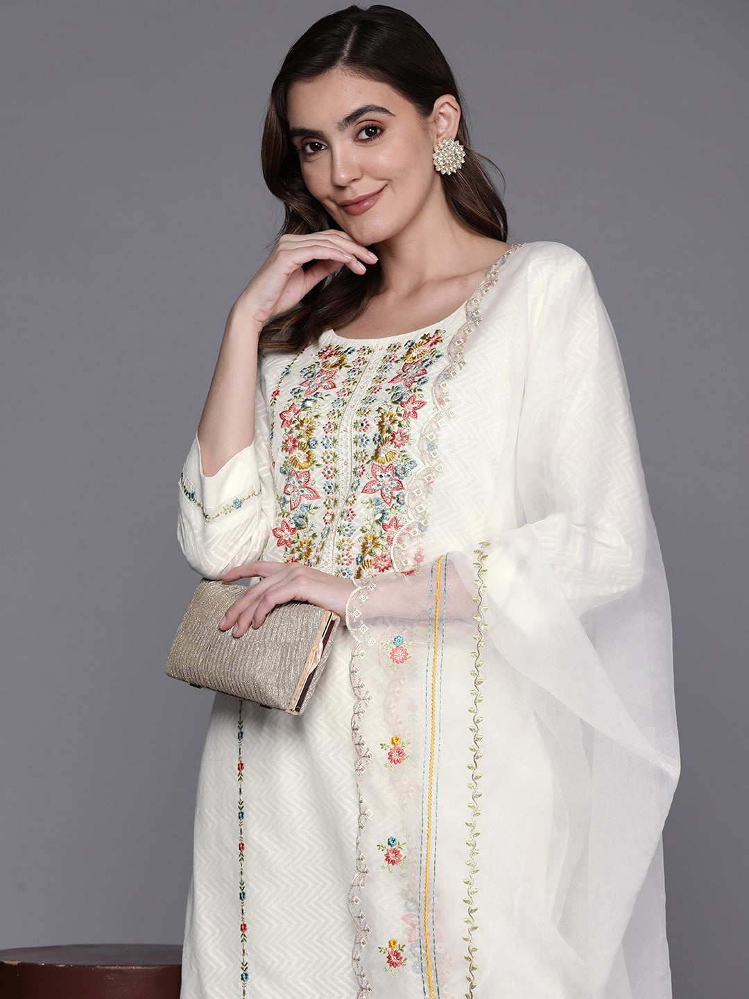 White embroidered Kurta with Trousers with dupatta