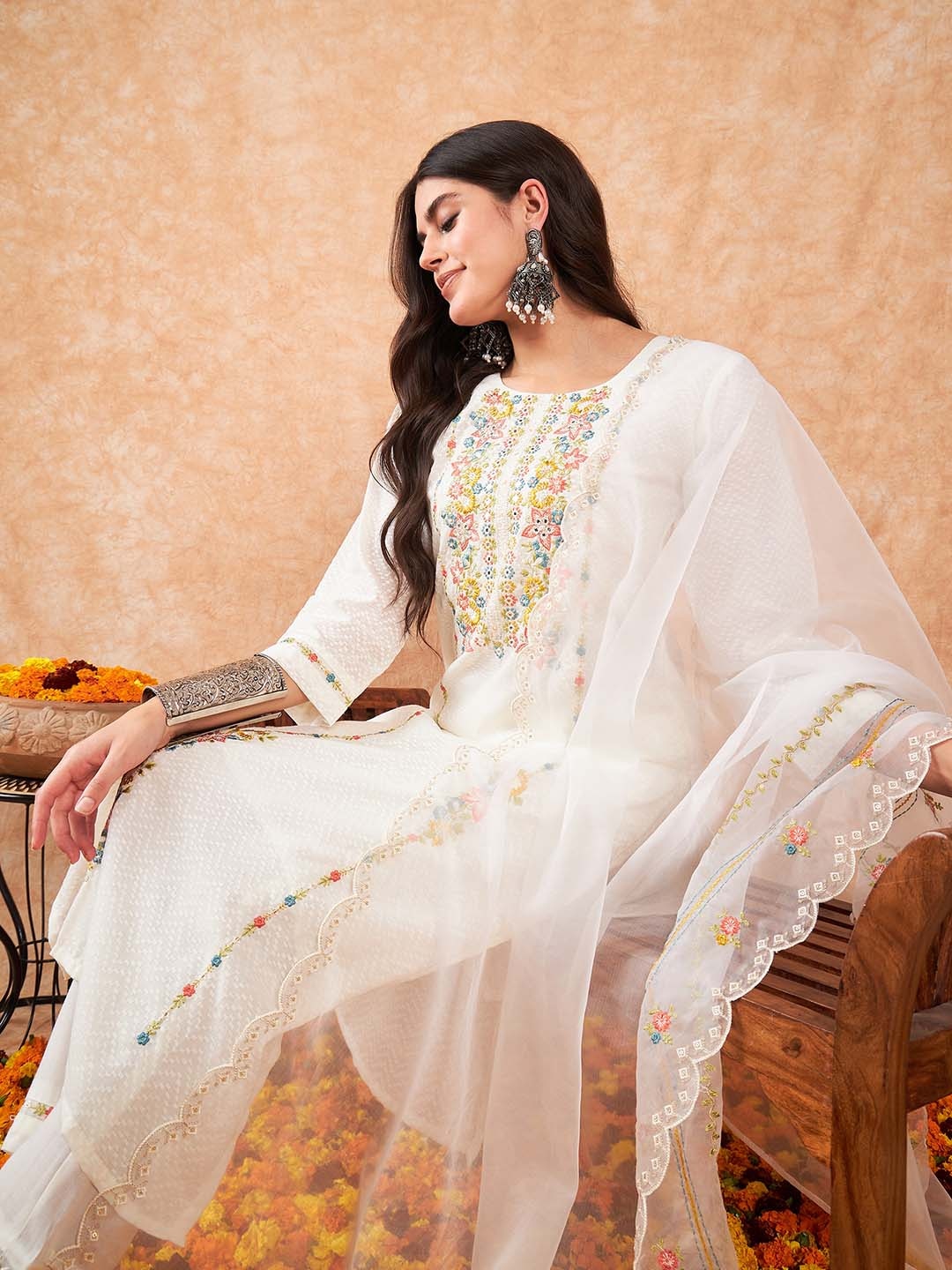 White embroidered Kurta with Trousers with dupatta