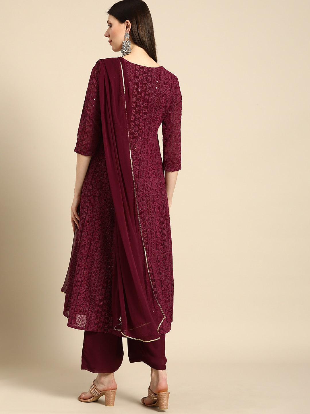 Women Maroon Ethnic Motifs Embroidered Chikankari Kurta with Palazzos & With Dupatta