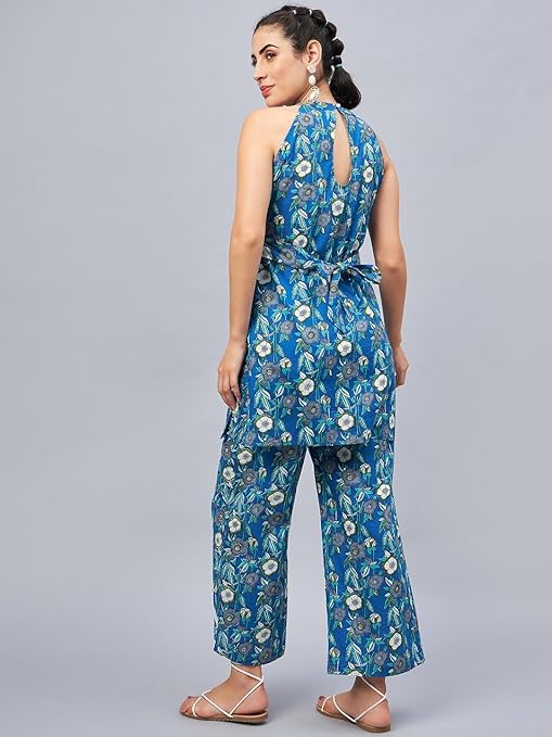 Blue Floral Print with Lace Co-Ord Set