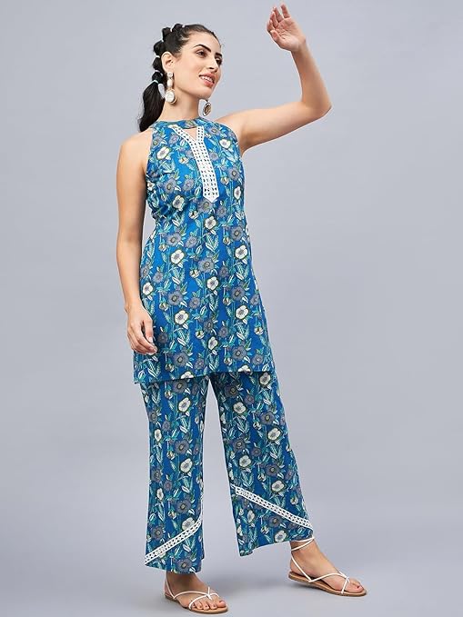 Blue Floral Print with Lace Co-Ord Set