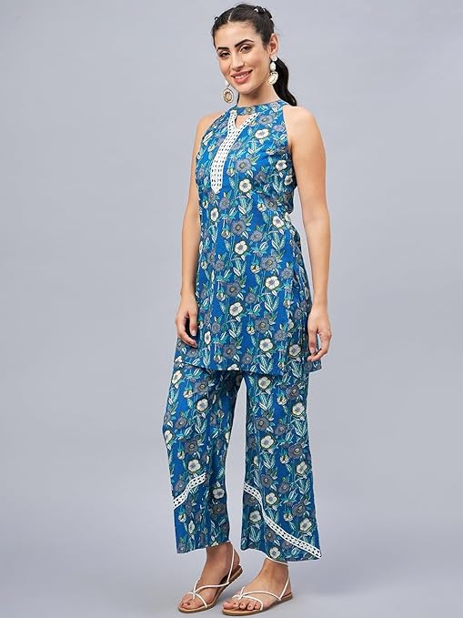 Blue Floral Print with Lace Co-Ord Set