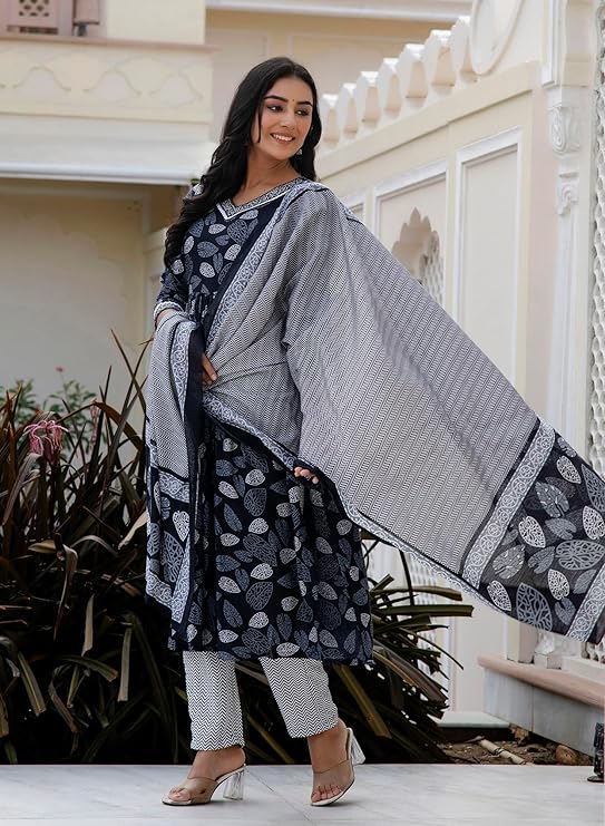 Women Black Printed Kurta and Pant Set with Dupatta