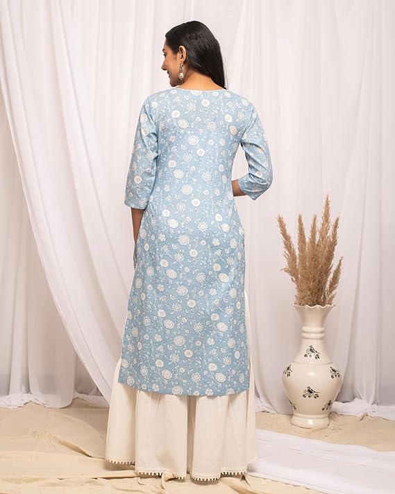 Women's Floral Printed Cotton Straight Kurta