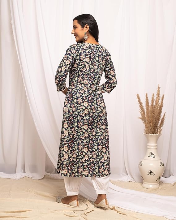 Women's Floral Printed Cotton Straight Kurta