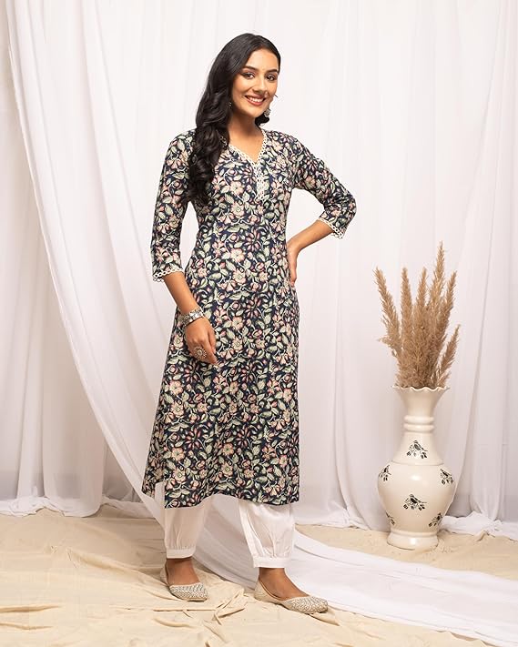 Women's Floral Printed Cotton Straight Kurta