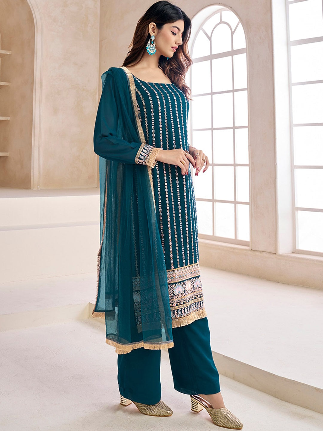 Teal Blue embroidered kurta with palazzos with dupatta