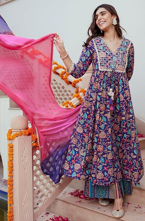 Women's Purple Cotton Embellished Ethnic Printed Kurta with Flared Palazzo and Dupatta