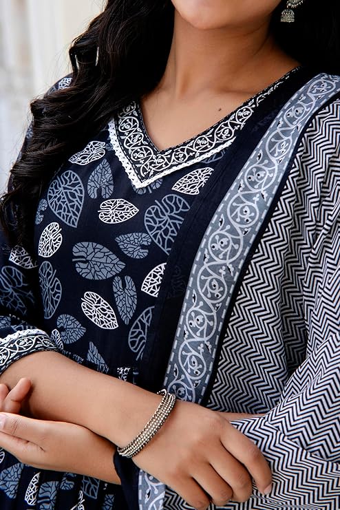 Women Black Printed Kurta and Pant Set with Dupatta