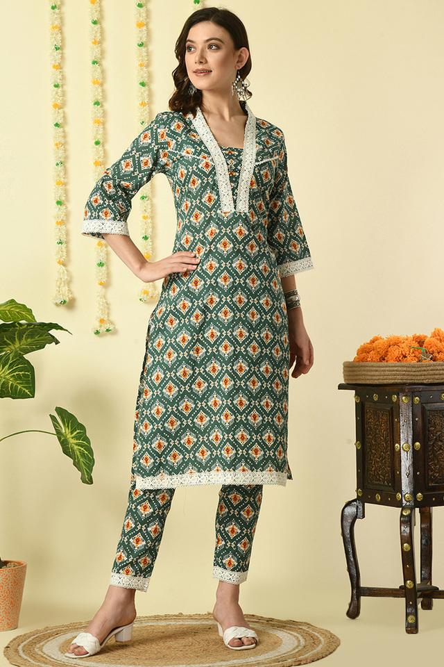 Printed Calf Length Cotton Woven Women's Kurta Set