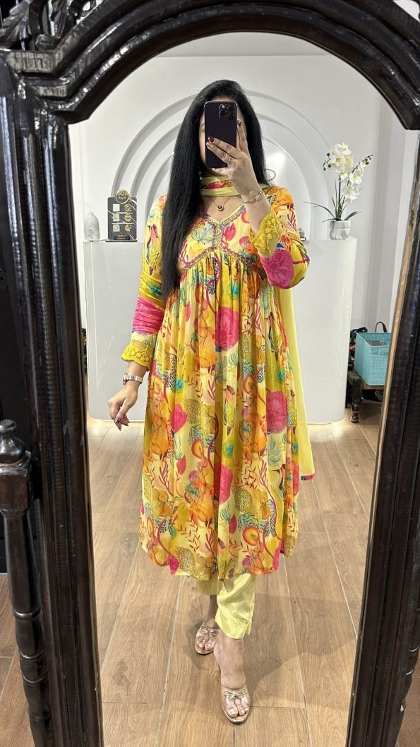 Yellow Color Alia Style Suit in Maslin With Digital Print and Handwork