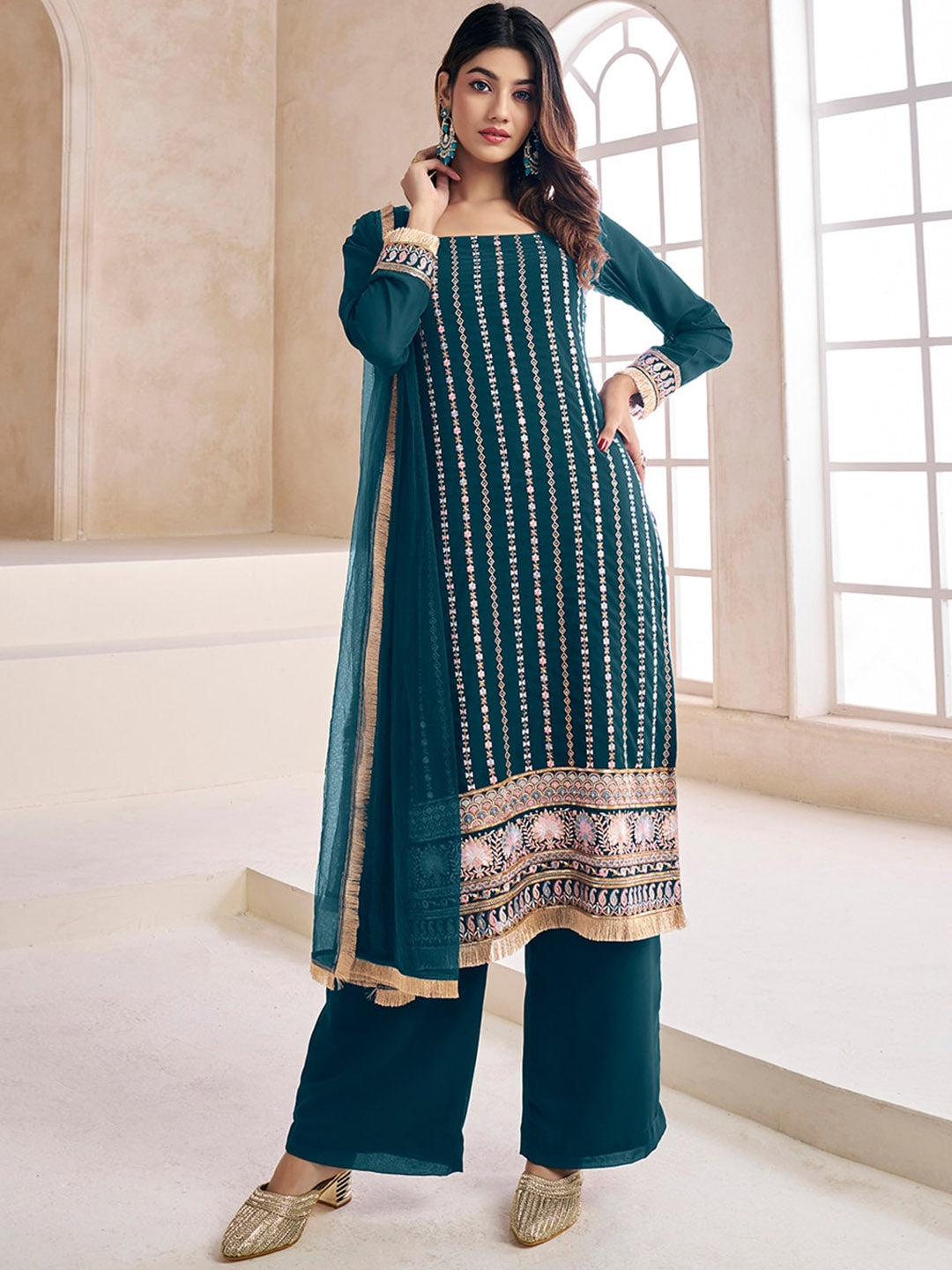 Teal Blue embroidered kurta with palazzos with dupatta