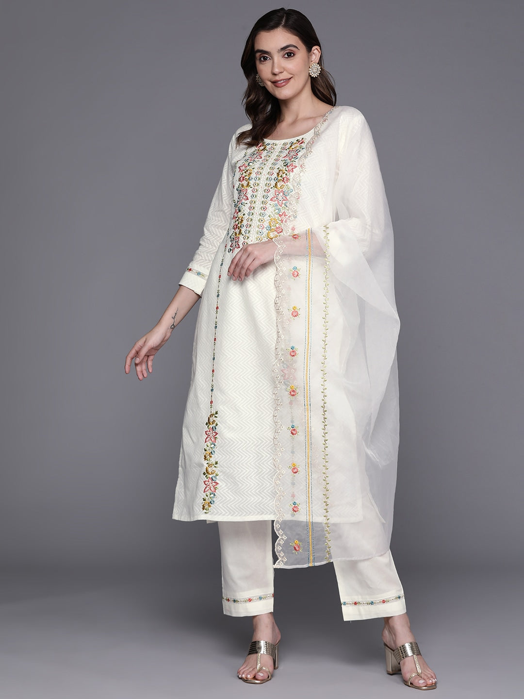 White embroidered Kurta with Trousers with dupatta