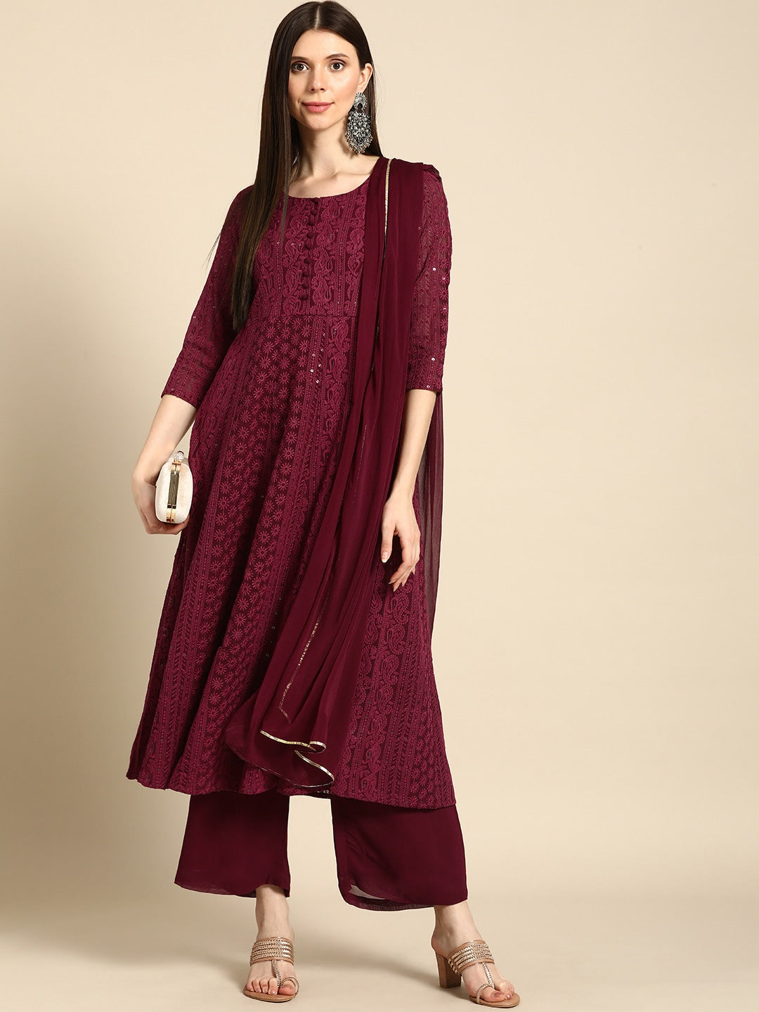 Women Maroon Ethnic Motifs Embroidered Chikankari Kurta with Palazzos & With Dupatta