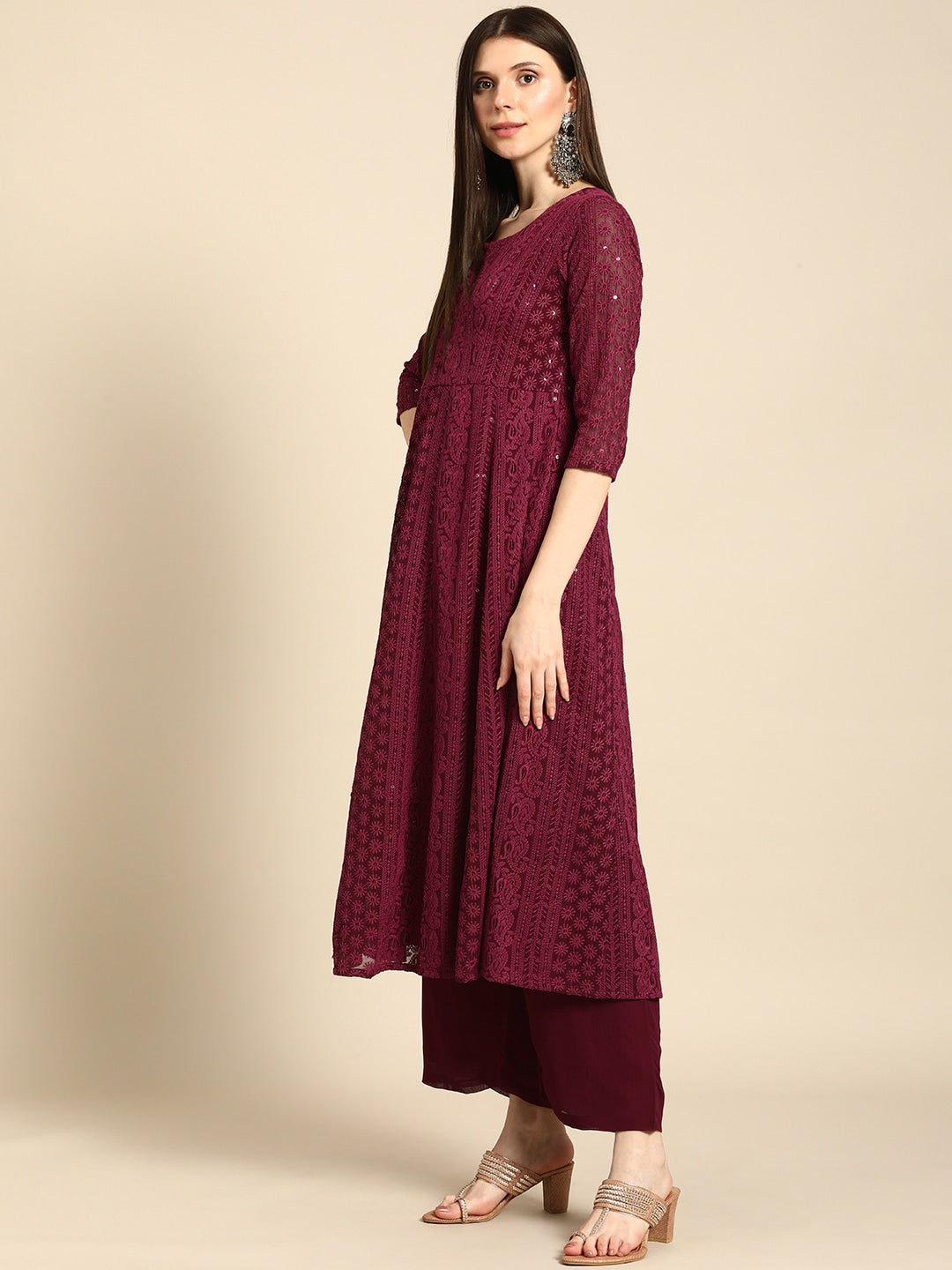 Women Maroon Ethnic Motifs Embroidered Chikankari Kurta with Palazzos & With Dupatta