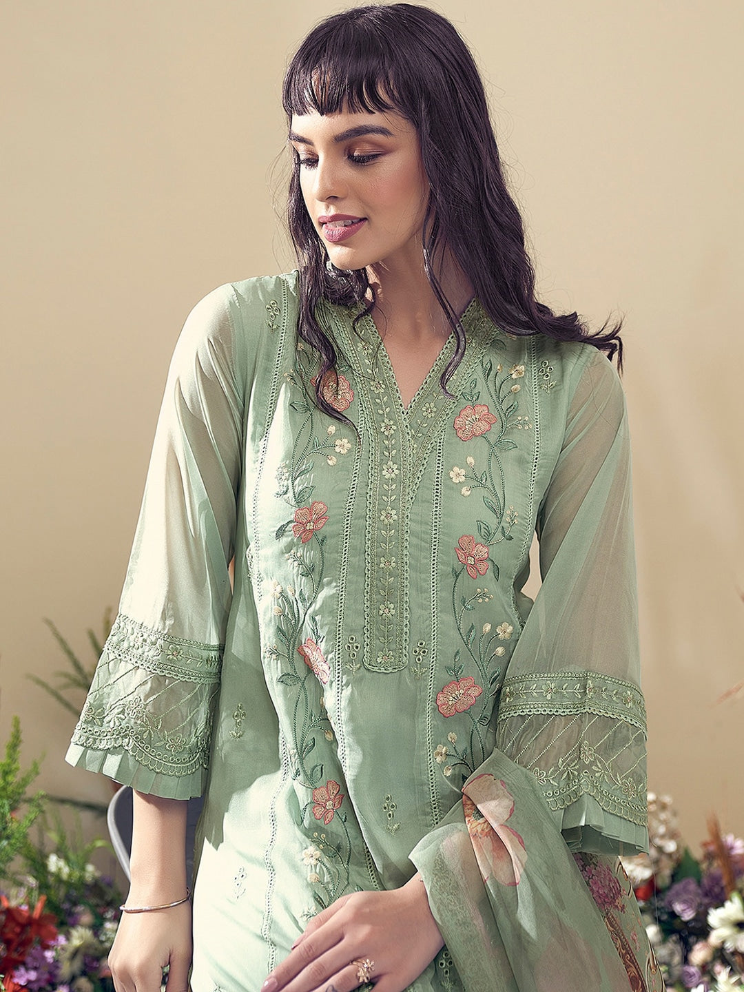 Sea green and pink embroidered kurta with trousers with dupatta