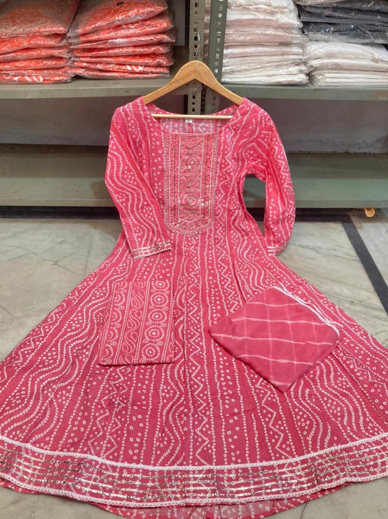 Party wear cotton fabric printed anarkali kurti and pant with malmal dupatta set