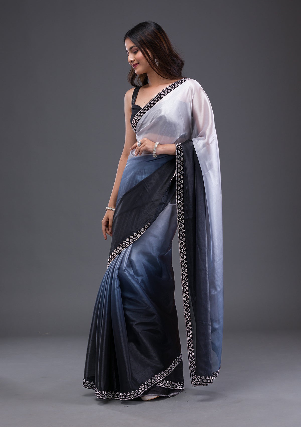 Grey Stonework Satin Saree