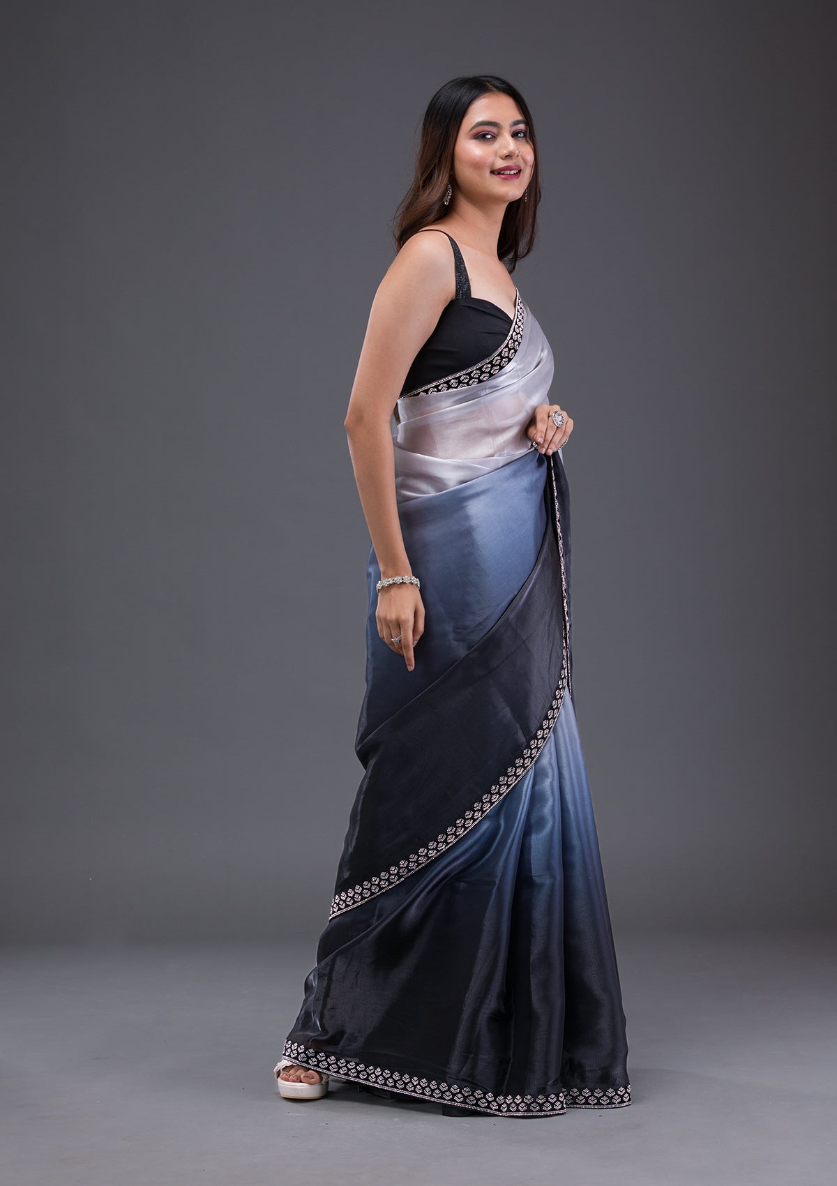 Grey Stonework Satin Saree