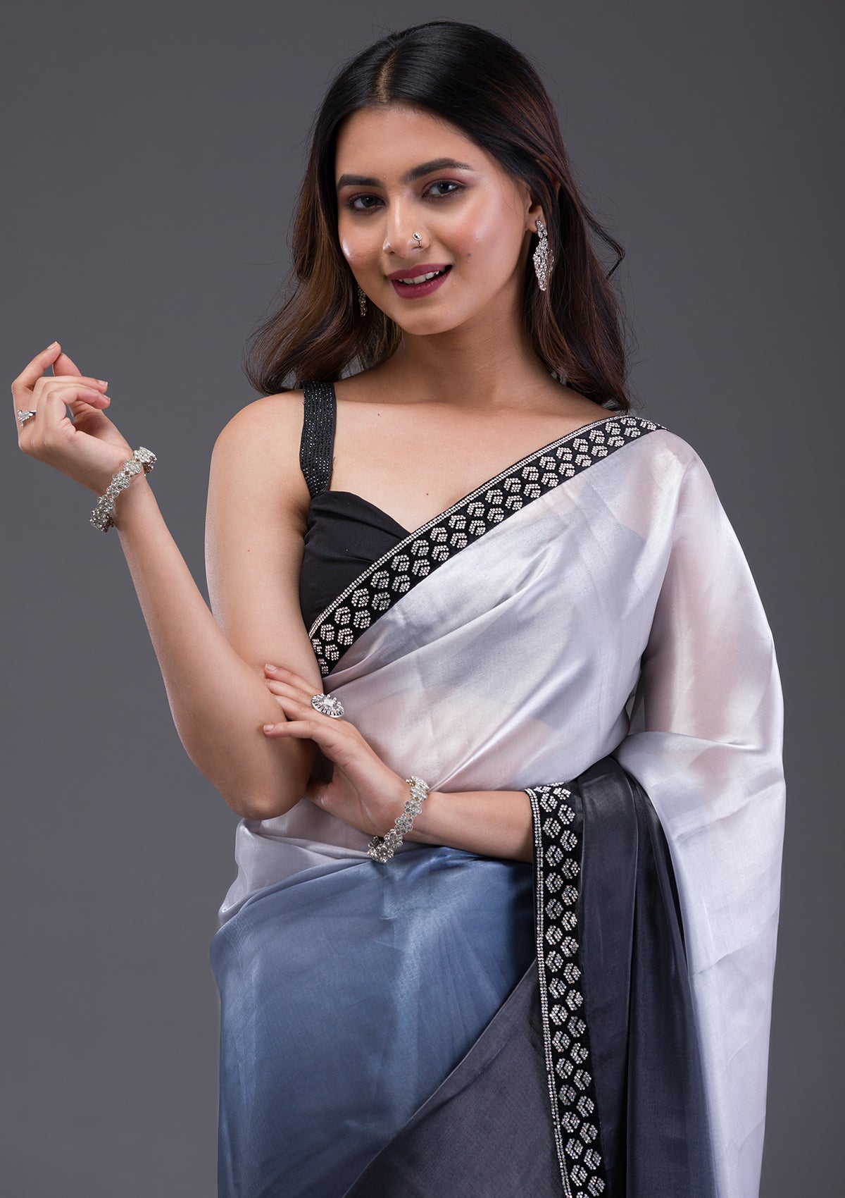 Grey Stonework Satin Saree