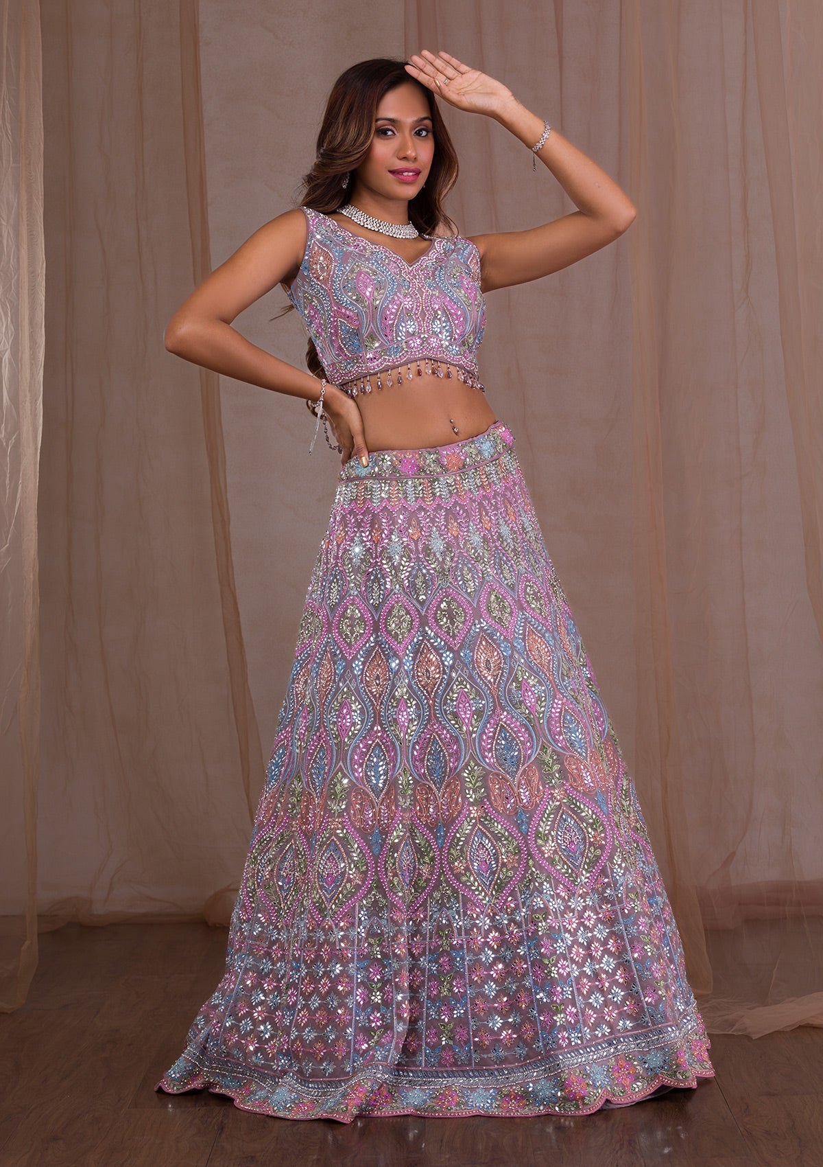 Lavender Mirrorwork Net Readymade Lehenga