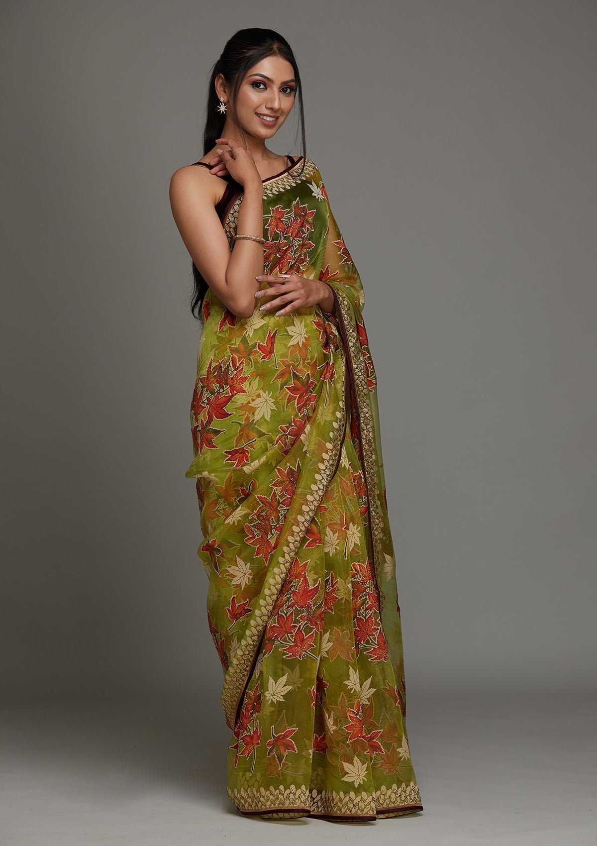 Parrot Green Printed Organza Designer Saree