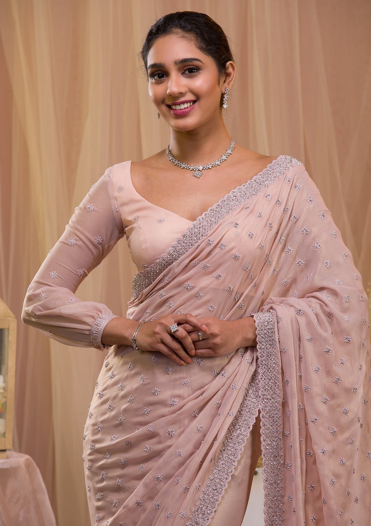 Peach Stonework Georgette Designer Saree