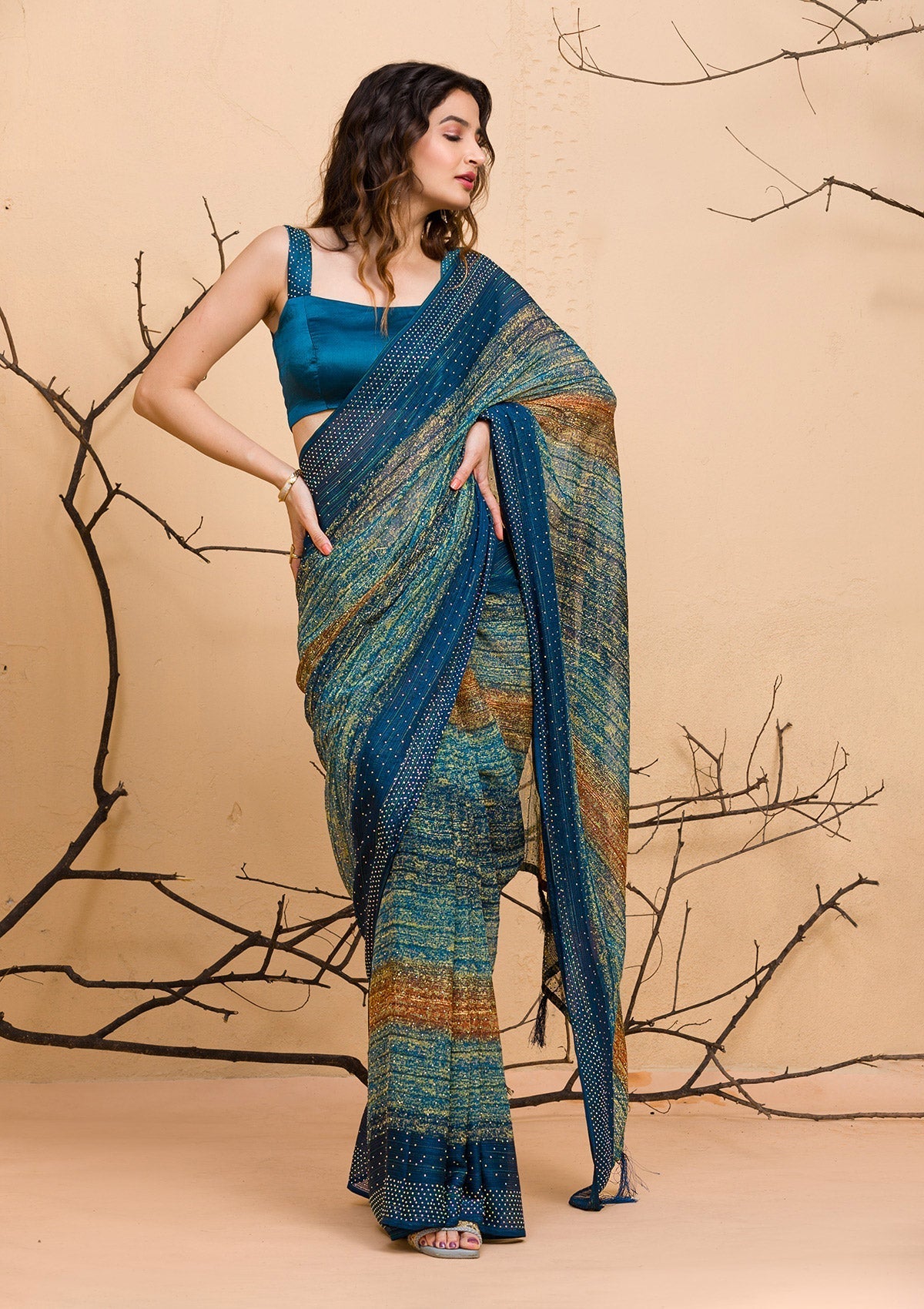 Peacock Blue Chiffon Designer Saree